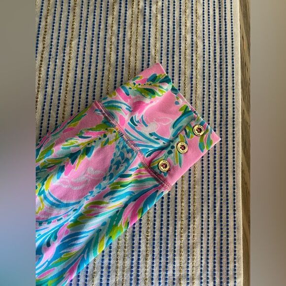 Lilly Pulitzer Multicolor Dress Sz L Gold Button Shoulder & Cuff Accents Stretch - Picture 7 of 10